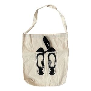 Bag-all Ballet Flats Canvas Tote Bag Off White Black Print Bow Handbag